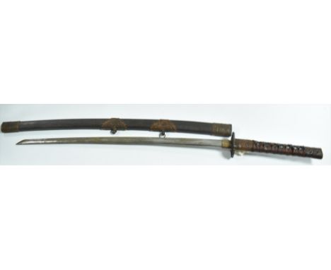 A Japanese katana type sword, 73cms blade with moulded characters and motifs, on leather cord mounted grip and full metal sca