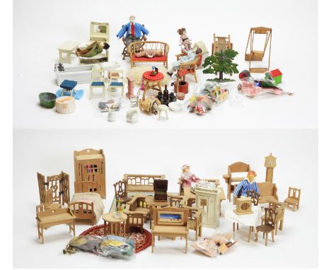 Vintage miniature dolls and doll's furniture, including fretwork items by Handicrafts Ltd., dog kennels, lawnmower and roller