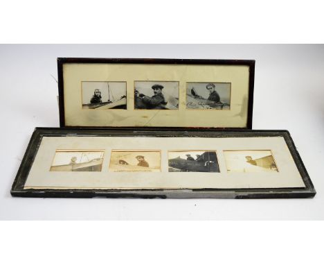 Three early 20th Century photographs framed together depicting pioneering aviators Gustav Hamel, James Valentine, and Claude 