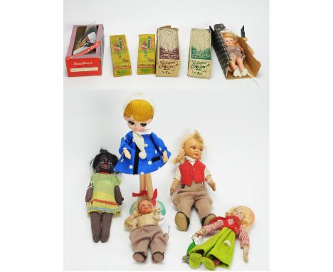 A Chad Valley "Hygenic Toys" 20cms doll with labels; two fabric-bodied dolls in the style of Lenci; a plastic head/fabric bod