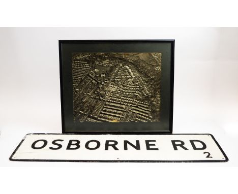 A vintage street sign 'Osborne Road', 28 x 107cms; and a framed aerial view of the Osborne Road, Jesmond, Newcastle.