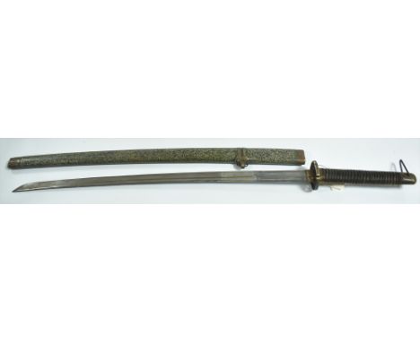 A Japanese katana type sword, 69cms blade with moulded character marks and flag, leather cord bound grip and shagreen-style s