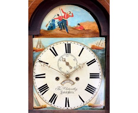 19TH C. OAK WELSH 8-DAY LONGCASE CLOCK, Thomas Clatworthy (Ystralyfera), painted 12in. dial with depiction of the death of Ca