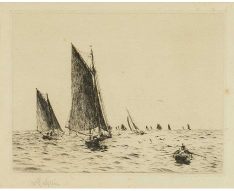 WILLIAM LIONEL WYLLIE RA (1851-1931) drypoint etching - 'Fishing Boats on Hamilton Bank', signed in pencil, 16 x 21cms Proven