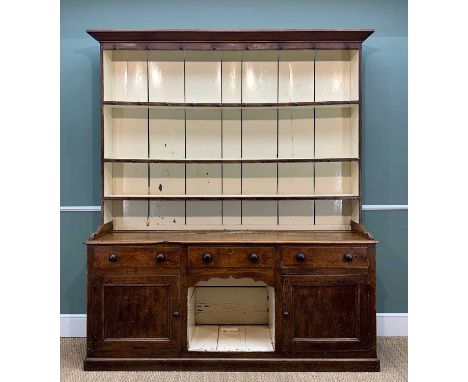 19th C. SCUMBLE PINE WELSH DRESSER, lift-off upper, painted boarded back, lower section with three frieze drawers, two shelve