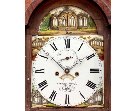 19TH C. MAHOGANY WELSH 8-DAY LONGCASE CLOCK, Mark Marks (Cardiff), 11in. painted Roman dial, arch and spandrels painted with 
