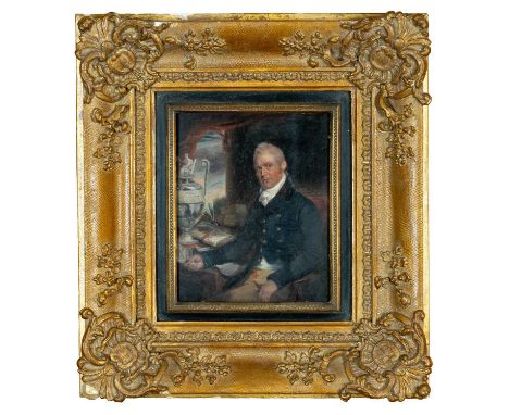 CHARLES BESTLAND (act. 1783-1837) oil on metal - portrait of a gentleman, seated half length wearing dark blue jacket beside 