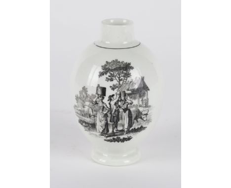 A WORCESTER OVOID TEA CADDYColeridge Collection, Circa 1765Printed in black after Robert Hancock with `The Bagpiper', the rev