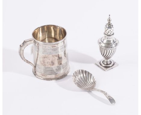 A VICTORIAN SILVER MUG AND TWO FURTHER SILVER ITEMS (3)The mug of tapered cylindrical form, decorated with reeded bands, Lond
