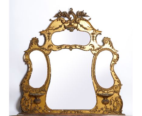 A LATE VICTORIAN ROCOCO REVIVAL GILT FRAMED OVERMANTEL MIRROR153cm wide; 152cm high