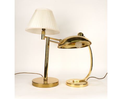 A POLISHED BRASS ADJUSTABLE READING LIGHT AND ANOTHER DESK LIGHT (2)With swivel arm, silk pleated shade, 63.5cm (including sh