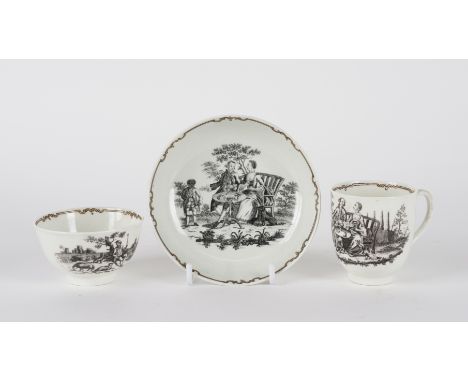 A WORCESTER TRIO (3)Coleridge Collection, Circa 1765Comprising of a coffee cup, teabowl and saucer, each printed in black aft
