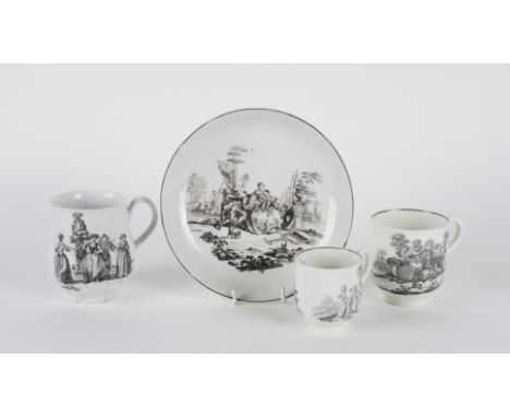 FOUR ITEMS OF WORCESTER PORCELAIN (4)Coleridge Collection, Circa 1760-65Each printed in black after Robert Hancock, comprisin