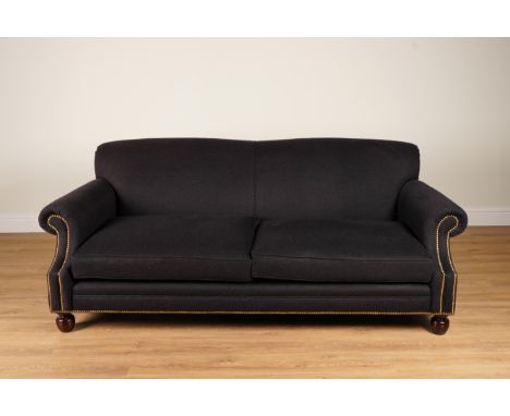 RALPH LAUREN; A BRASS STUDDED BLACK BRUSHED WOOL UPHOLSTERED THREE SEAT SOFA220cm wide; 83cm highCondition report:&nbsp;Some 