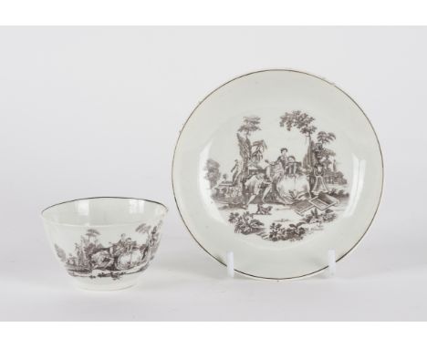 A  WORCESTER TEABOWL AND SAUCER (2)Coleridge Collection, Circa 1760printed in black after Robert Hancock with `L'Amour', the 