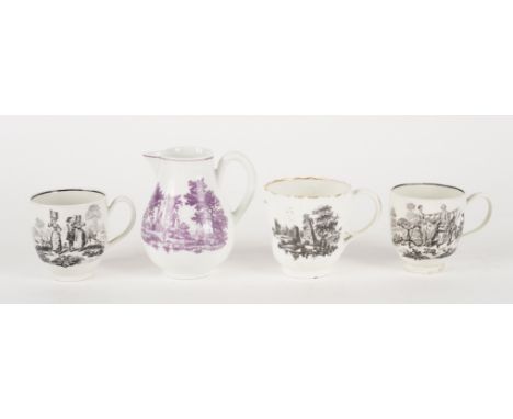 FOUR ITEMS OF WORCESTER PRINTED PORCELAIN (4)Coleridge Collection, Circa 1760 and laterComprising; a sparrow beak milk jug pr
