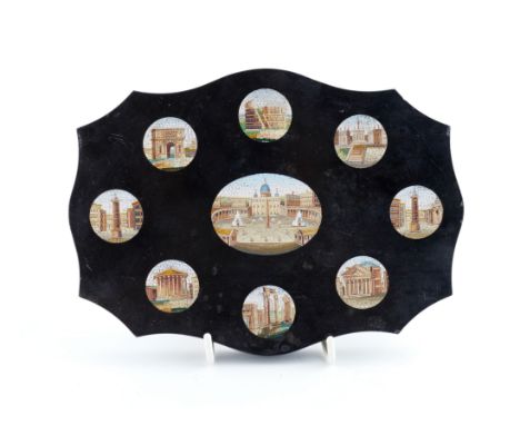 AN ITALIAN MICROMOSAIC PAPERWEIGHT OR PLAQUEColeridge Collection, 19th CenturyThe cartouche shaped marble plaque inset with m