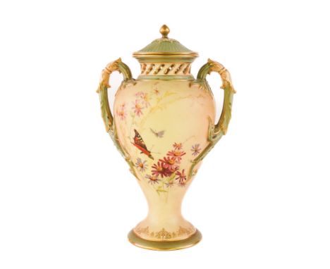 A ROYAL WORCESTER TWO-HANDLED BLUSH IVORY POT POURRI VASE AND COVER (2)Circa 1910Of baluster form, decorated with insects amo