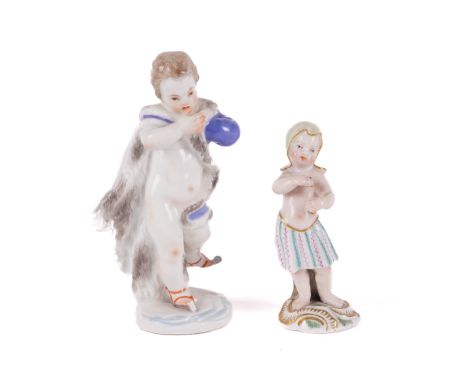 A MEISSEN FIGURE REPRESENTING WINTER (2)20th centuryModelled as a skating putto, wearing an ermine lined cloak, blue crossed 