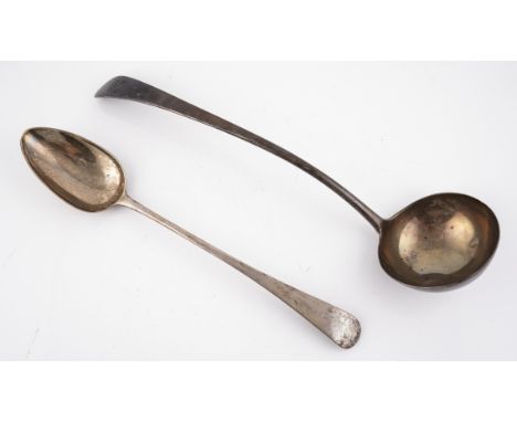 A SILVER SOUP LADLE AND A SILVER STUFFING SPOON (2)both old English pattern, the soup ladle London 1795, the spoon London 180