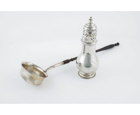 A SILVER SUGAR CASTER AND A PUNCH LADLE (2)The sugar caster of baluster form, London 1902, height 19cm, weight 234 gms, toget
