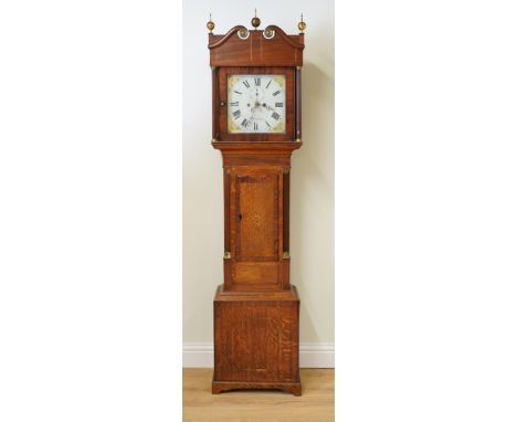 WILLIAM EVANS, SHREWSBURY: A LATE GEORGE III OAK, MAHOGANY AND CHEQUER INLAID LONGCASE CLOCKWith 12 1/2in. square painted dia