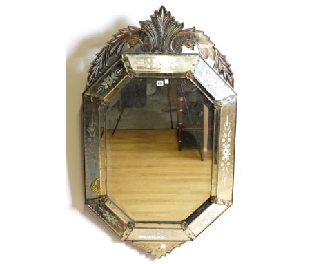 AN EARLY 20TH CENTURY CUSHION FRAMED ETCHED GLASS VENETIAN WALL MIRROR78cm wide; 130cm highCondition Report:Two small section