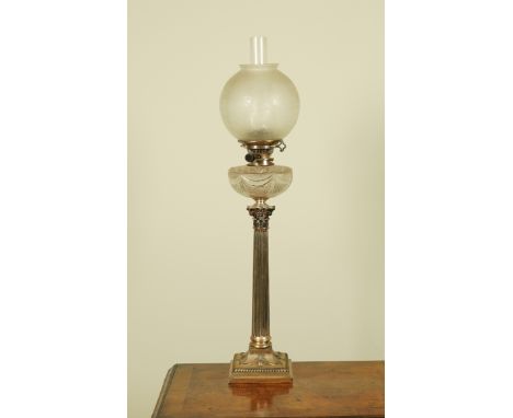 GIBSON &amp; CO. LTD, BELFAST: A NORTHERN IRISH SILVER PLATED CORINTHIAN COLUMN TABLE LAMPEarly 20th Century 
The base cast w