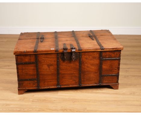 A 19TH CENTURY INDIAN METAL BOUND TEAK RECTANGULAR TRUNK/COFFEE TABLE111cm wide; 67cm deep; 51cm high