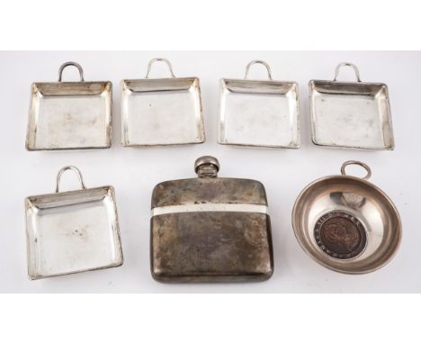 A VICTORIAN SILVER RECTANGULAR SPIRIT FLASK AND SIX FURTHER ITEMS (7)The flask monogram engraved, the pull-off beaker base, a