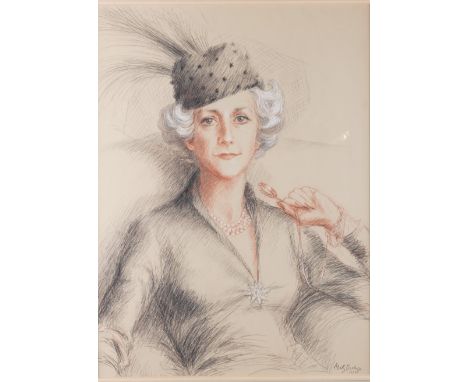 MOLLY BISHOP (BRITISH, 1911-1988) (3)Portrait of an elegant lady in a hat with a magnifying glass
signed and dated 'Molly Bis