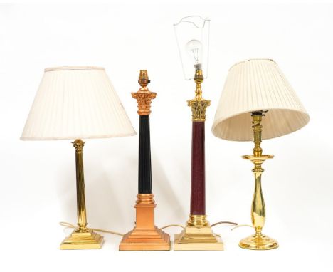 THREE GILT-METAL AND METAL CORINTHIAN COLUMN TABLE LAMPS AND ANOTHER BALUSTER BRASS LAMP (4)One with faux red marble column, 