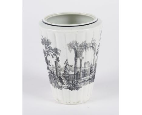 A WORCESTER TEA CADDYColeridge Collection, Circa 1770Of fluted tapered cylindrical form, each side printed in black with figu