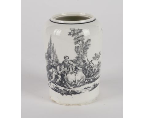 A WORCESTER TEA CADDYColeridge Collection, Circa 1765-70Of slight tapered cylindrical form, printed in black after Robert Han