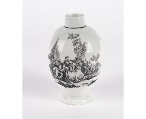 A WORCESTER OVOID TEA CADDYColeridge Collection, Circa 1765-70printed in black with `The Lady Watering Garden', the reverse w