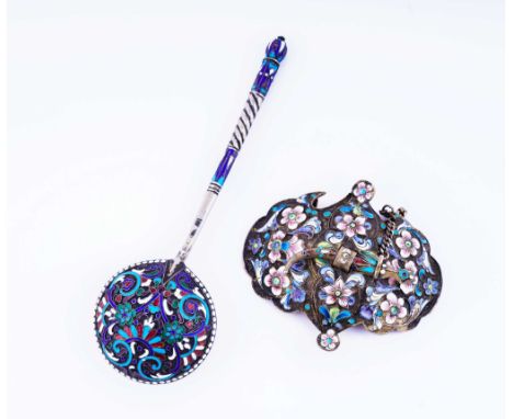 A RUSSIAN BUCKLE AND A RUSSIAN SPOON (2)the two piece buckle fastened by a sliding dagger, the spoon with a circular bowl and