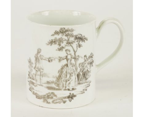A WORCESTER SMALL CYLINDRICAL TANKARDColeridge Collection, Circa 1760Printed in greyish black after Robert Hancock with `The 