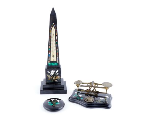 A GROUP OF THREE ASHFORD MARBLE PIETRA DURA DESK ACCESSORIES (3)Coleridge Collection, 19th CenturyComprising a thermometer ob