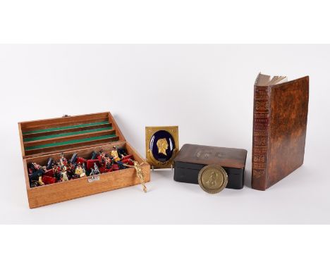 A PAINTED BATTLE OF WATERLOO CHESS SET AND OTHER ITEMS (6)Comprising a gilt metal and blue enamel portrait of Napoleon, 12.5c