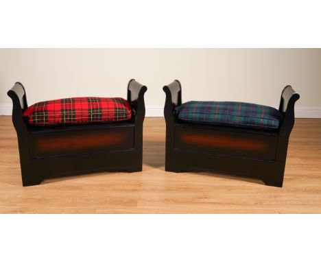 RALPH LAUREN; A PAIR OF HARDWOOD WINDOW SEATS WITH LIFT BOX BASE (2)And loose tartan upholstered seats, 95cm wide; 38cm deep;