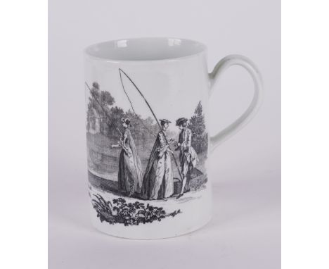 A WORCESTER MUGColeridge Collection, Circa 1765-70Cylindrical with grooved handle, printed in black after Robert Hancock with