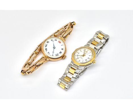 TWO LADIES WRISTWATCHESComprising a 9 ct gold cased, enamel dial, manual wind wristwatch, on a Flexi bracelet, gross weight 2