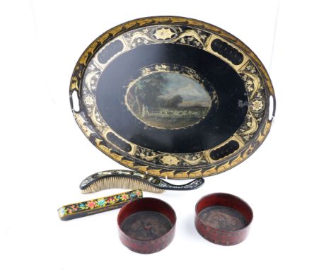 A REGENCY PONTYPOOL BLACK AND GILT-METAL OVAL TRAY AND A PAIR OF REGENCY RED PAPIER-MACHE COASTERS (5)Coleridge Collection, E