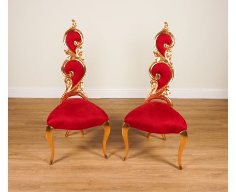 CHRISTOPHER GUY; A PAIR OF LE PREMIER RED SUEDE UPHOLSTERED GILT FRAMED SIDE CHAIRS (2)60cm wide;; 130cm highCondition report