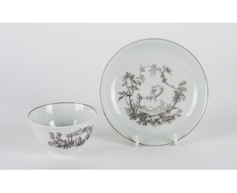 A WORCESTER TEABOWL AND SAUCER (2)Coleridge Collection, Circa 1760Printed in black after Robert Hancock in the style of Pille