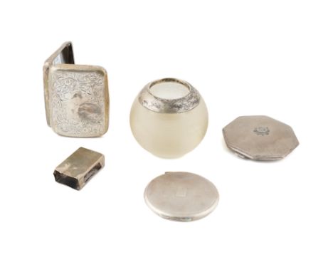 SILVER AND SILVER MOUNTED WARES (5)Comprising; a circular glass match striking stand, a rectangular cigarette case, a matchbo