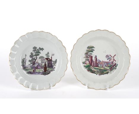 A PAIR OF WORCESTER SMALL FLUTED PLATES (2)Coleridge Collection, Circa 1765Printed in puce and coloured, one with `The Old Du