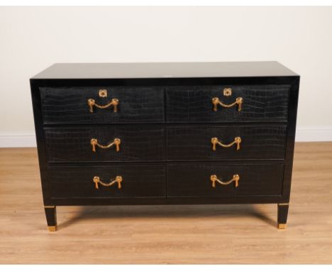 RALPH LAUREN; A BROOK STREET BLACK LACQUER PARCEL GILT SIX DRAWER CHEST WITH FAUX CROCODILE LEATHER VENEERED DRAWERS147cm wid
