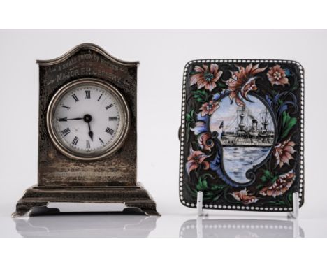 A SILVER MOUNTED TIMEPIECE AND A RUSSIAN CLOISONNÉ ENAMEL CIGARETTE CASE  (2)The timepiece with engraved presentation inscrip