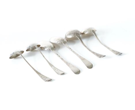TWO PAIRS OF SILVER LADLES AND TWO SILVER DESSERT SPOONS (6)Comprising; a pair of Scottish provincial toddy ladles, each engr